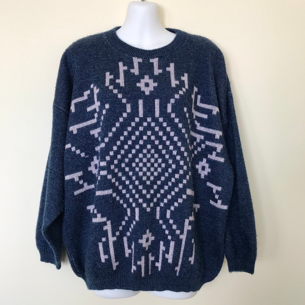Navy Blue Knit Pullover Sweater with Geometric Mandala Design 90s Made in Canada